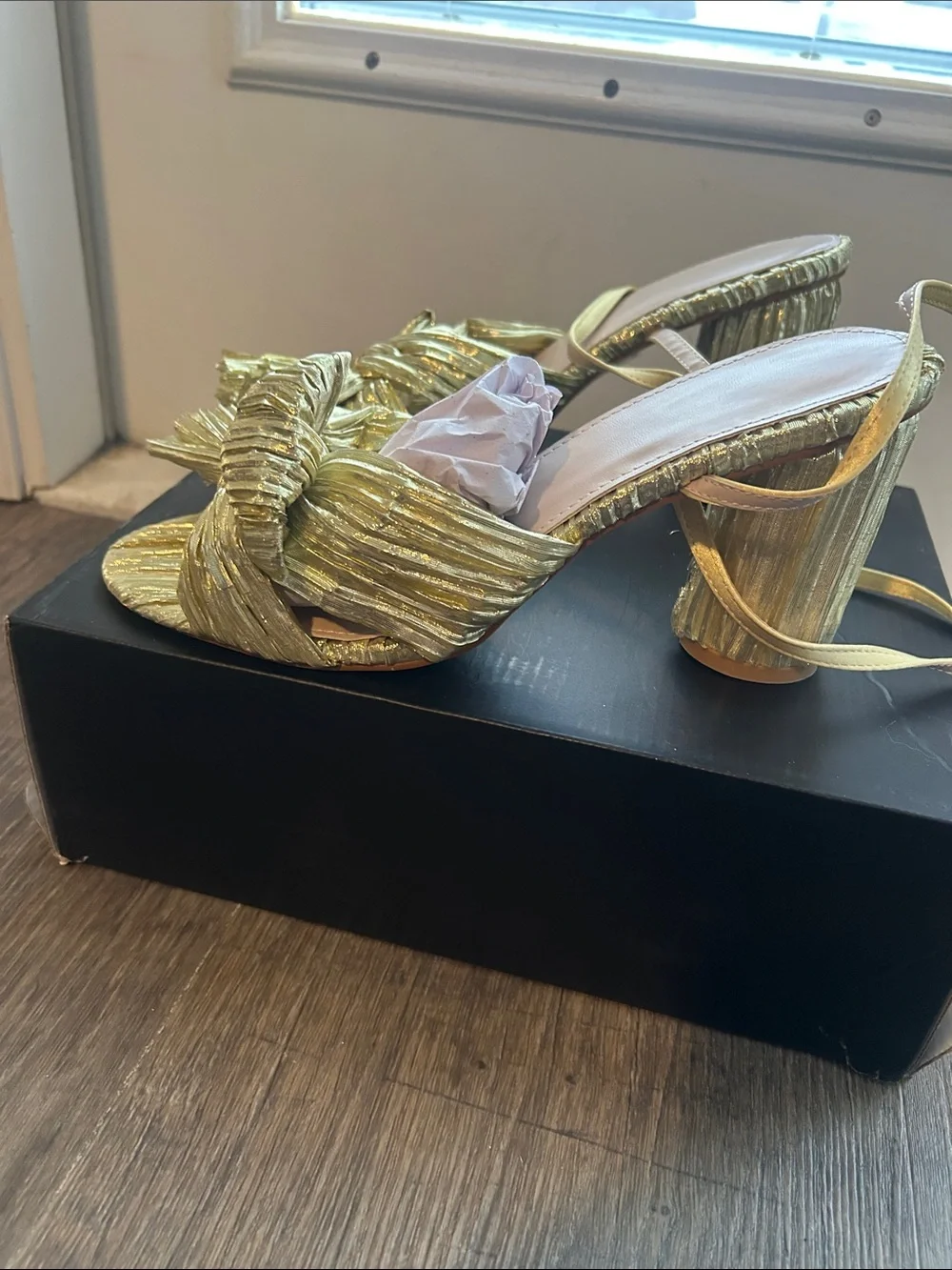 Gold Pleated Knot Block Heel Sandals - Women's Evening Shoes
